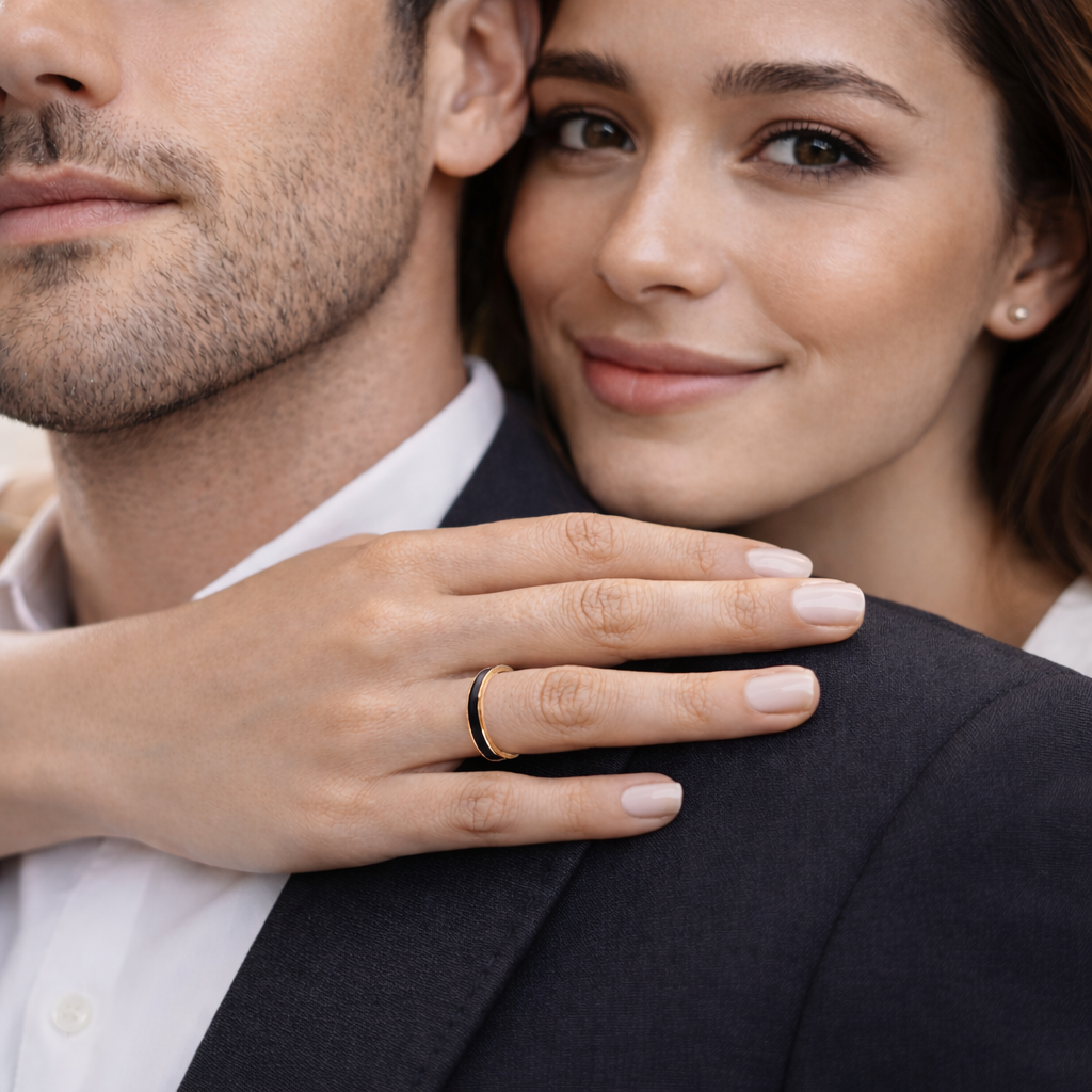 par de aliancas em ouro amarelo 18k com jacaranda joia sofisticada