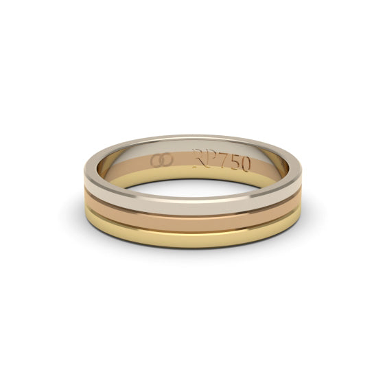 Aliança de ouro 18k artesanal com três cores. Design autoral para casamento e noivado