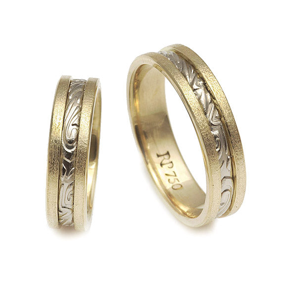 par de alianças arabescos em ouro 18k amarelo e champanhe joias premium
