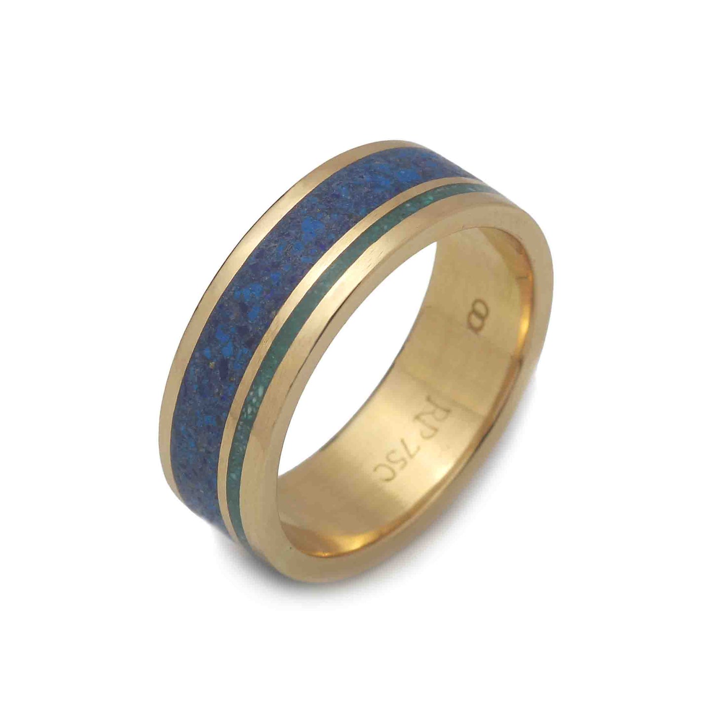 anel brasilidade em ouro amarelo 18k com lapis lazuli e quartzo verde


